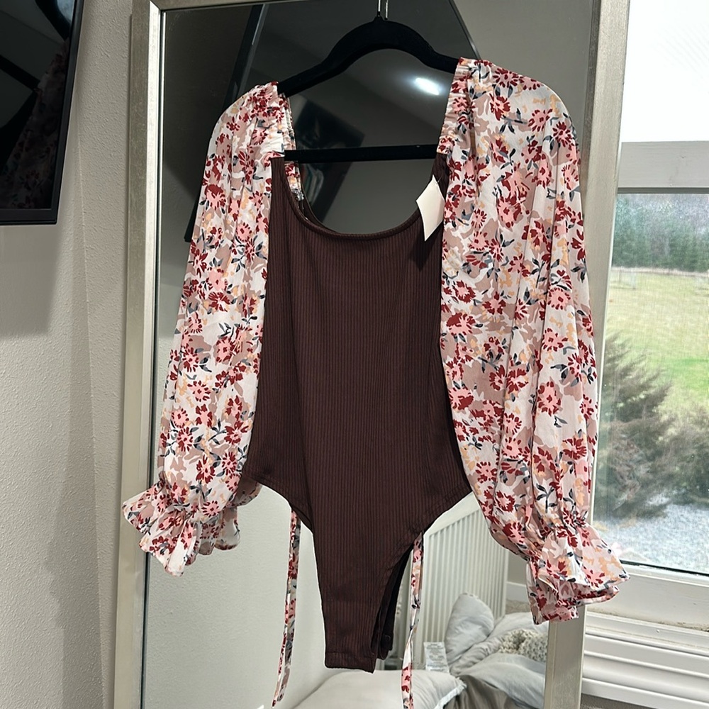 Brown bodysuit with floral sleeves